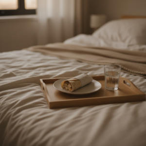 A warm, dimly lit bedroom with an untouched chicken wrap and a glass of water on a bed, evoking exhaustion and quiet relief after long effort.